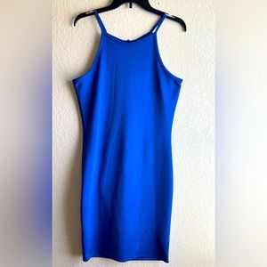 Royal blue fitted mini dress.